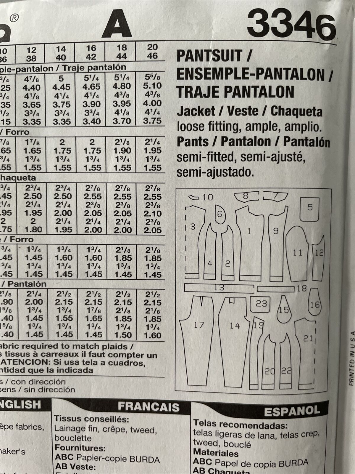 Burda 3346 Womens Size 10-20 Jacket Trousers FF *