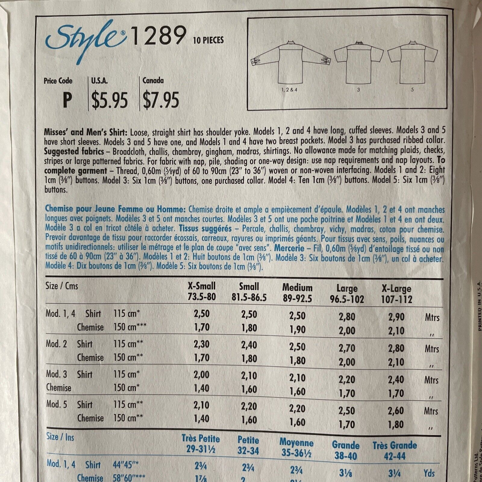 Style 1289 Unisex Size S M Shirt Blouse FF