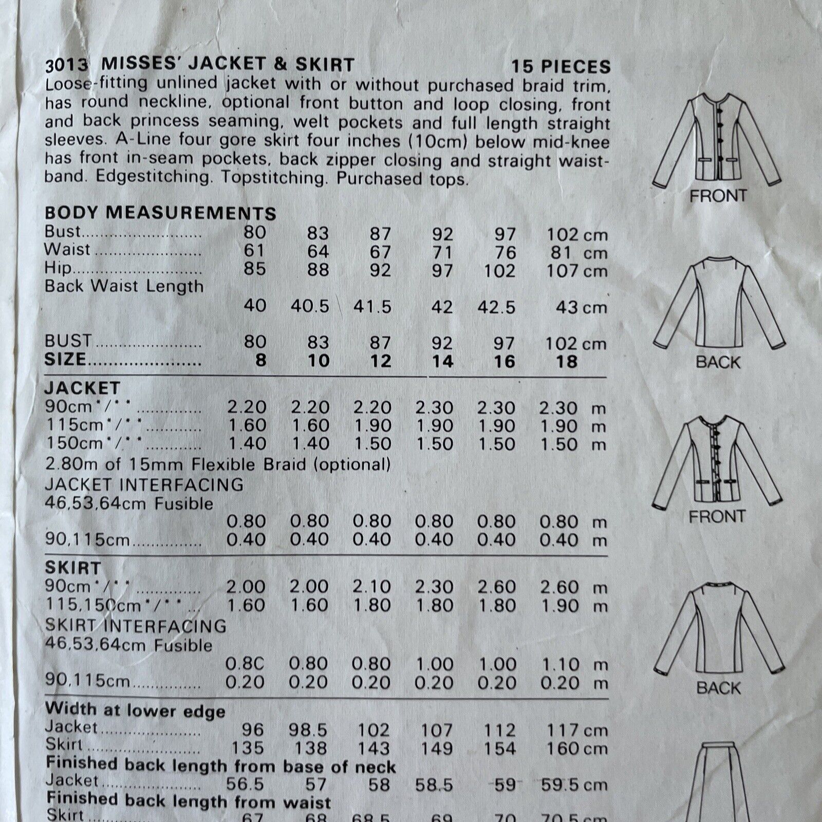 Butterick 3013 Womens Size 16 Jacket Skirt *