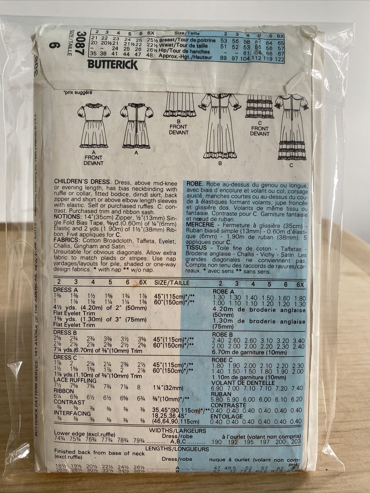 Butterick 3087 Child Size 6 Bridesmaid Dress Party Dress