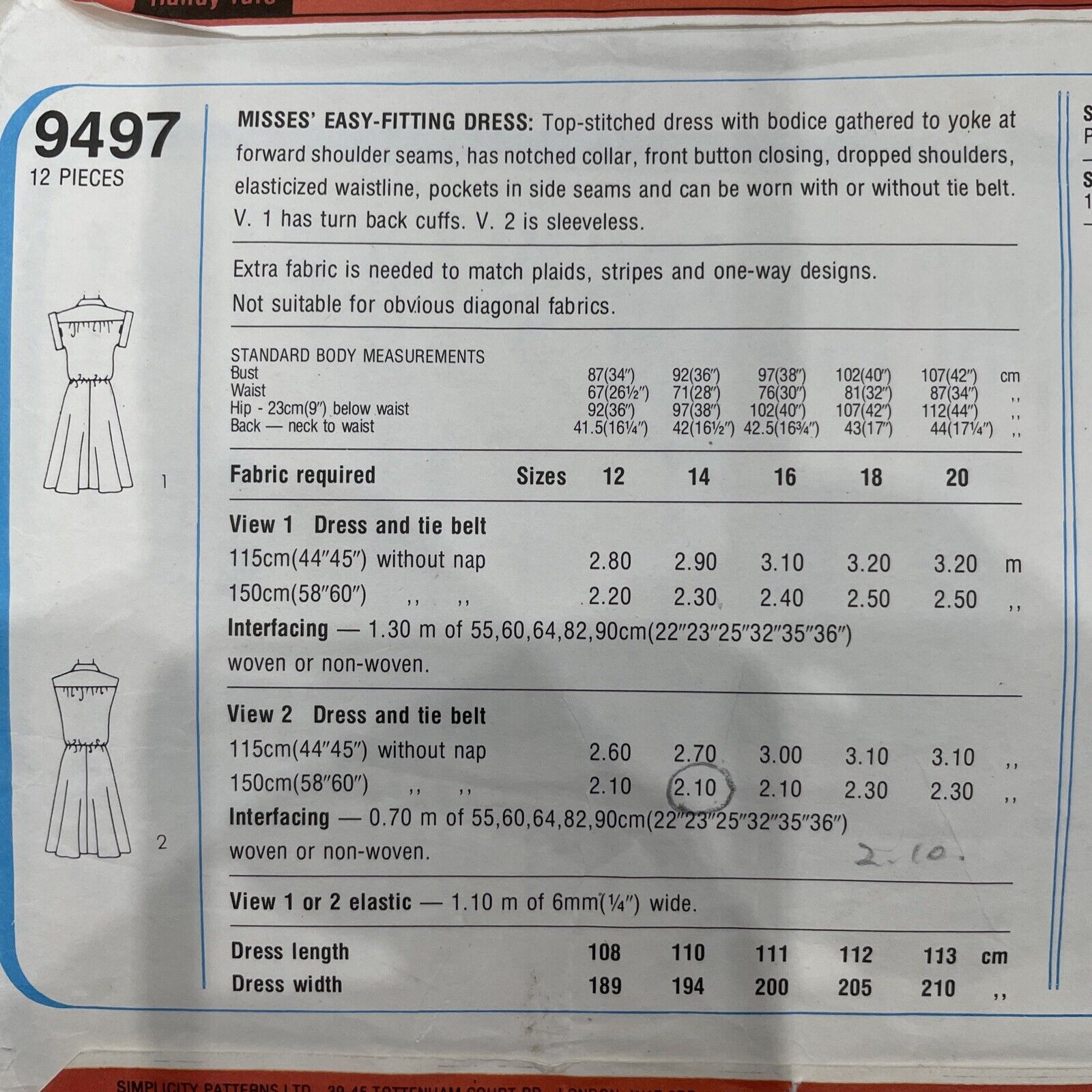 Simplicity 9497 Womens Size 14 Dress *