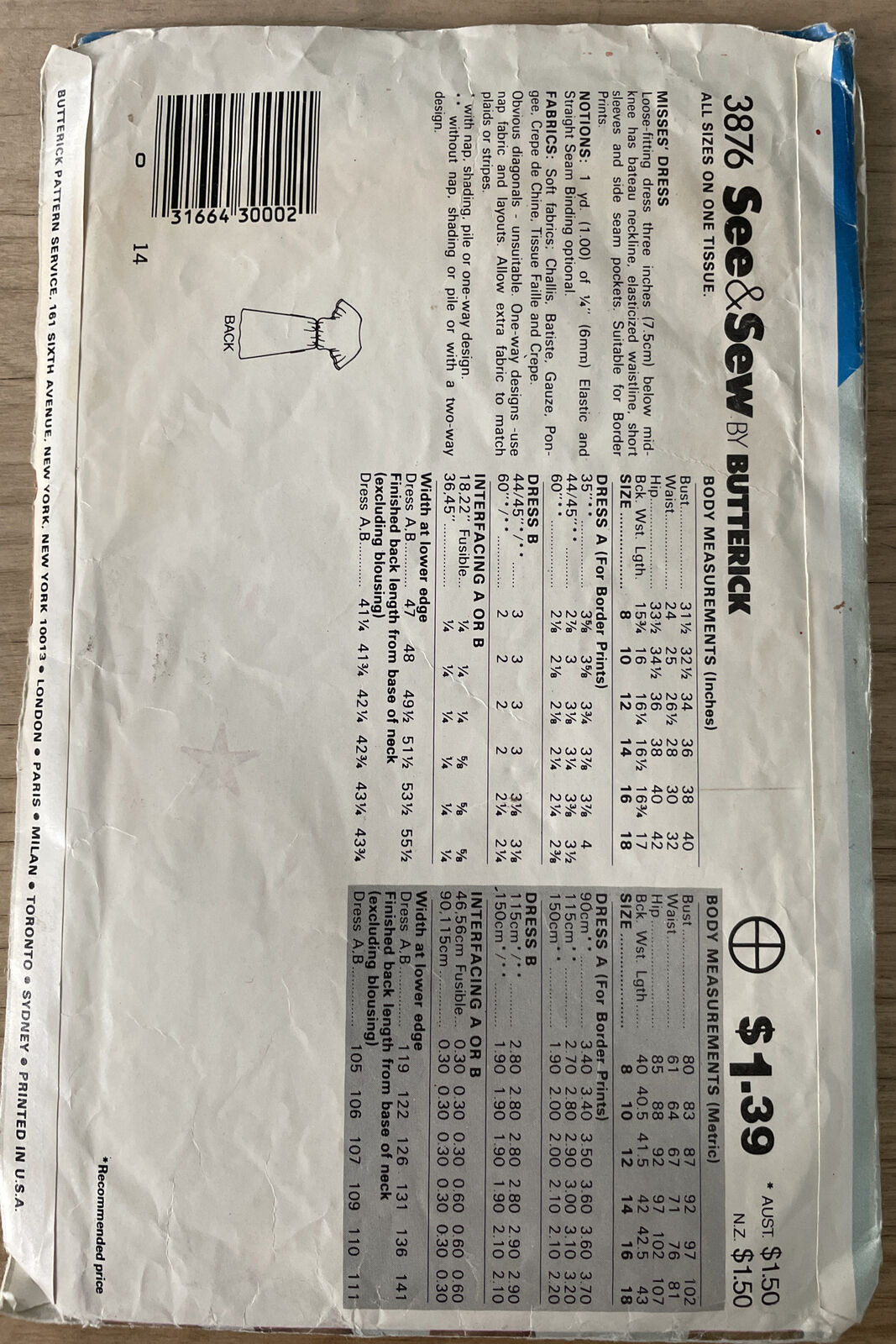 Butterick See & Sew 3876 Womens Size 8-12 Dress *