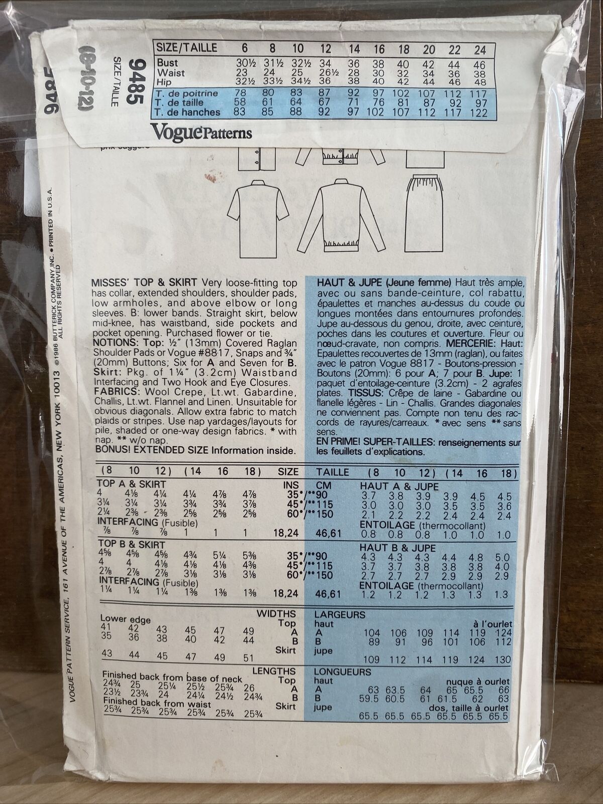 Vogue 9485 Womens Size 8-12 Top Skirt