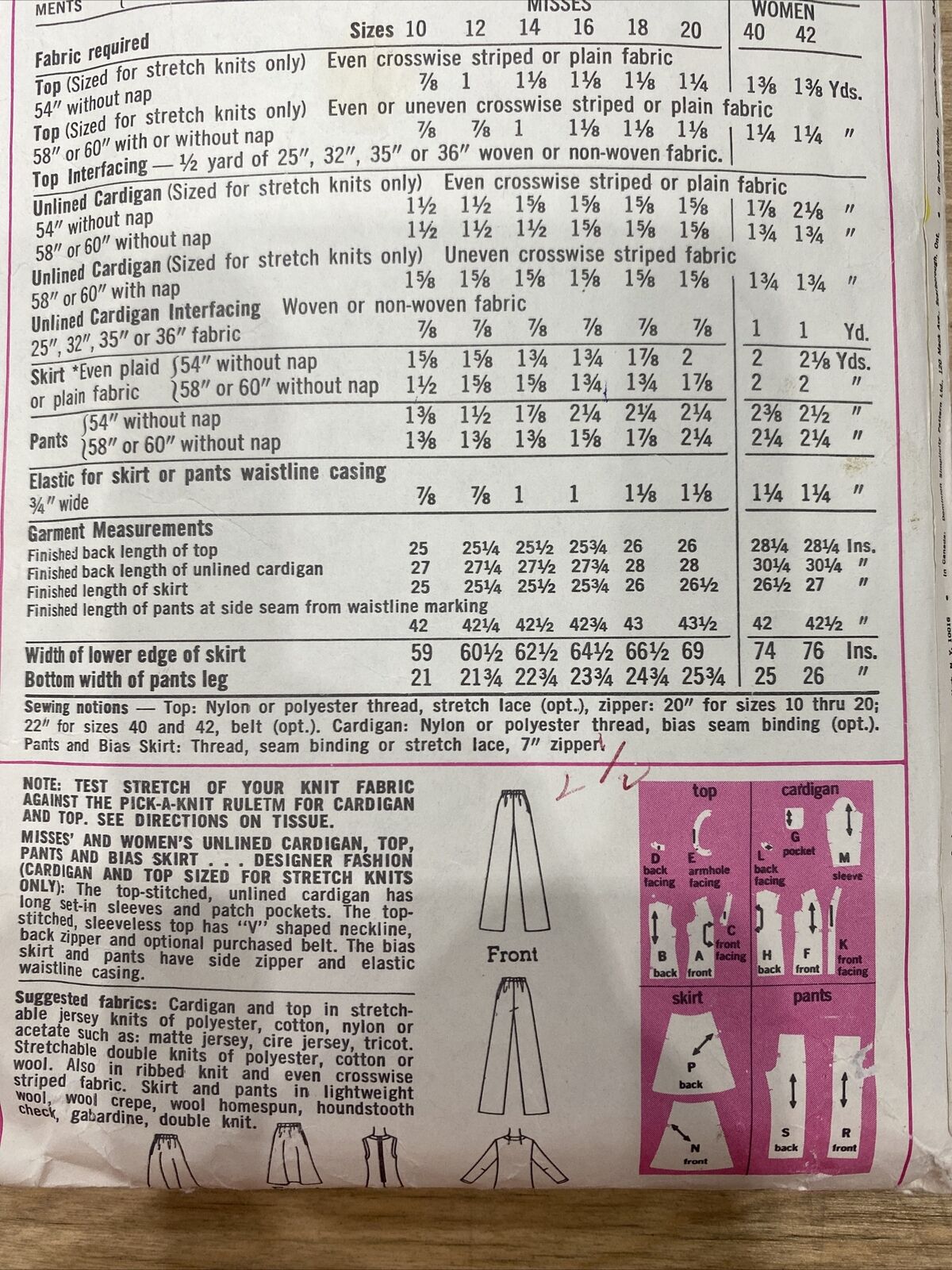 Simplicity 6516 Size 16 Top Cardigan Trousers Skirt *