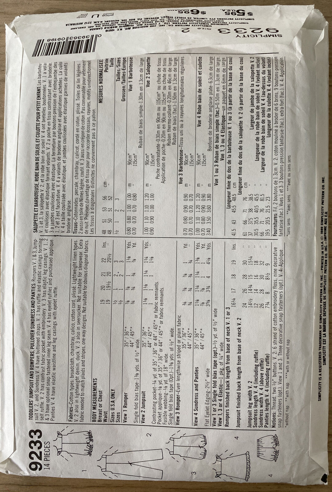 Simplicity 9233 Toddler Size 2 Dress Pants Rompers *