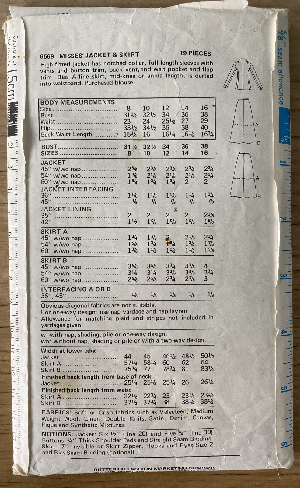 Butterick 6569 Womens Size 12 Jacket Skirt *