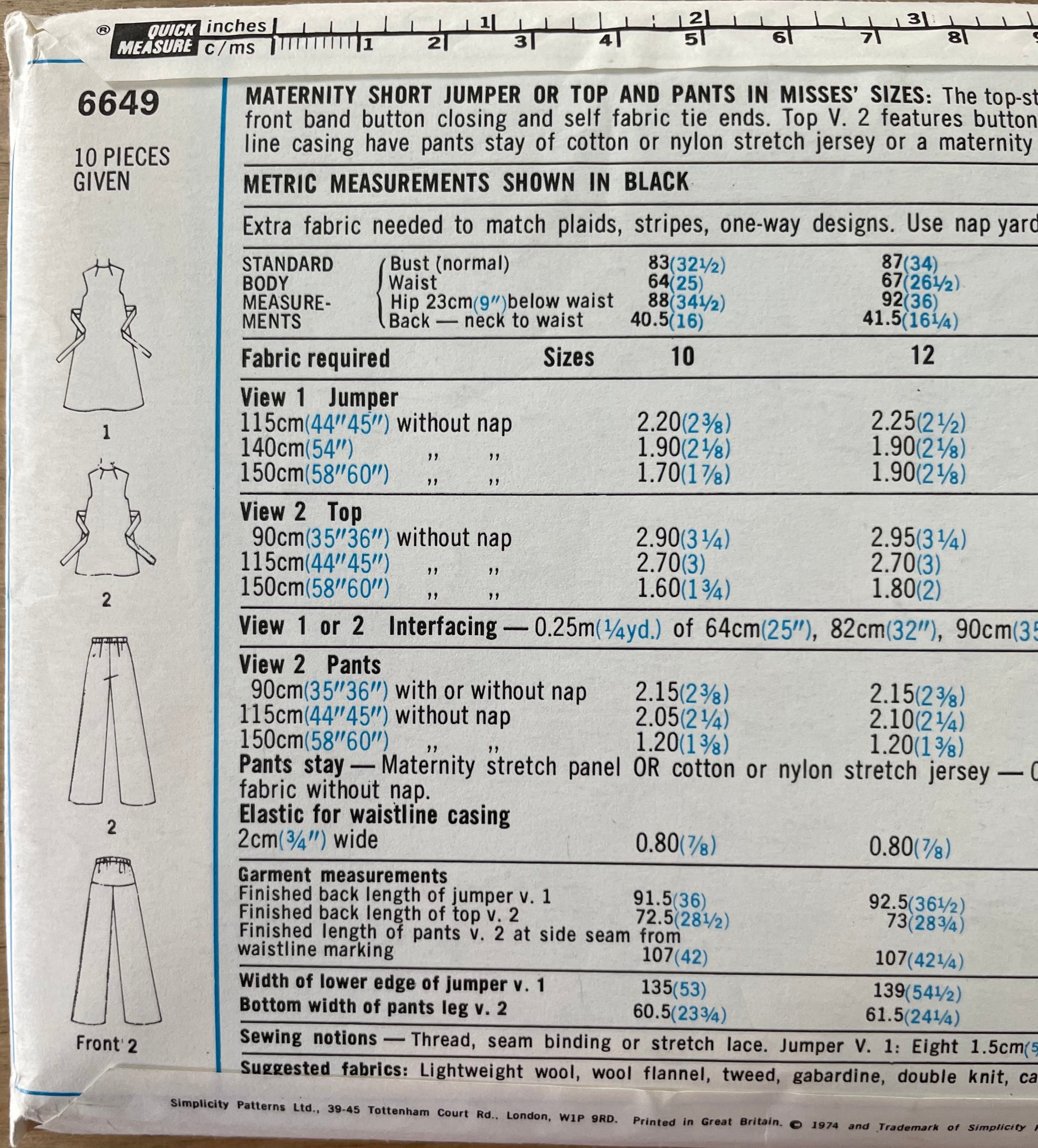 Simplicity 6649 Womens Size 16 Maternity Top Pant FF