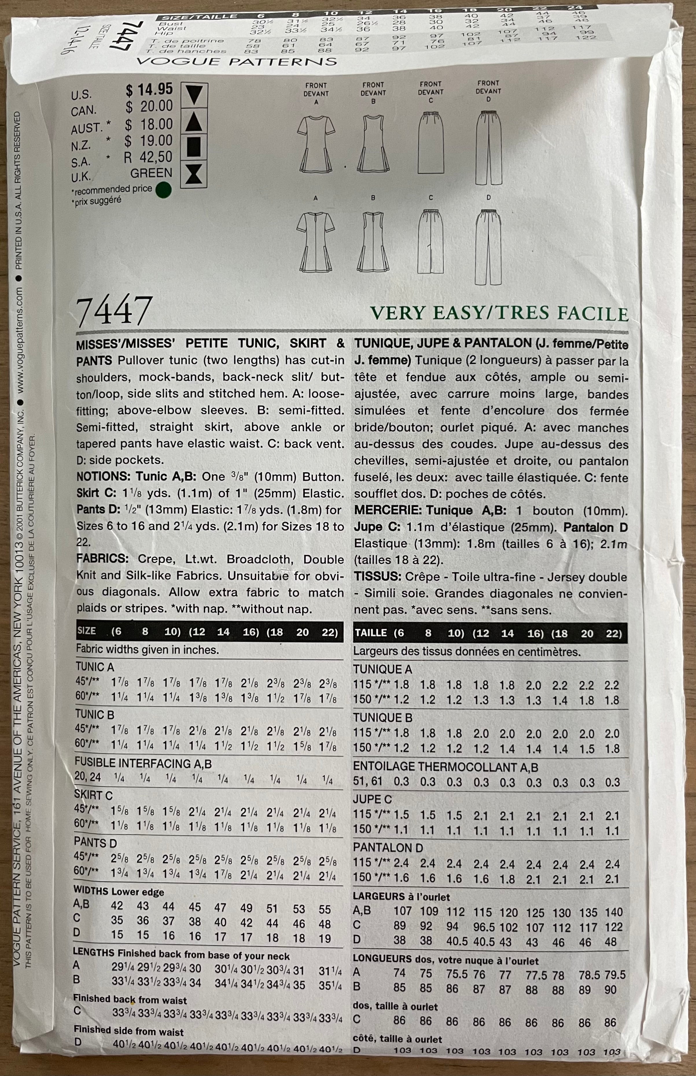 Vogue 7447 Womens Size 12-16 Petite Top Tunic Trousers FF