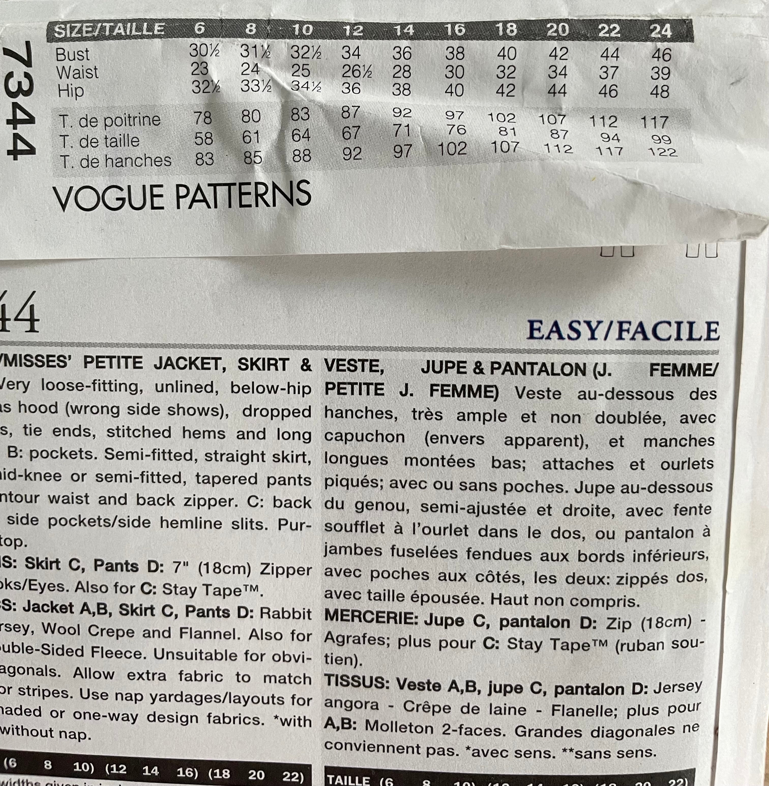 Vogue 7344 Womens Size 12-16 Petite Jacket Skirt Trousers FF