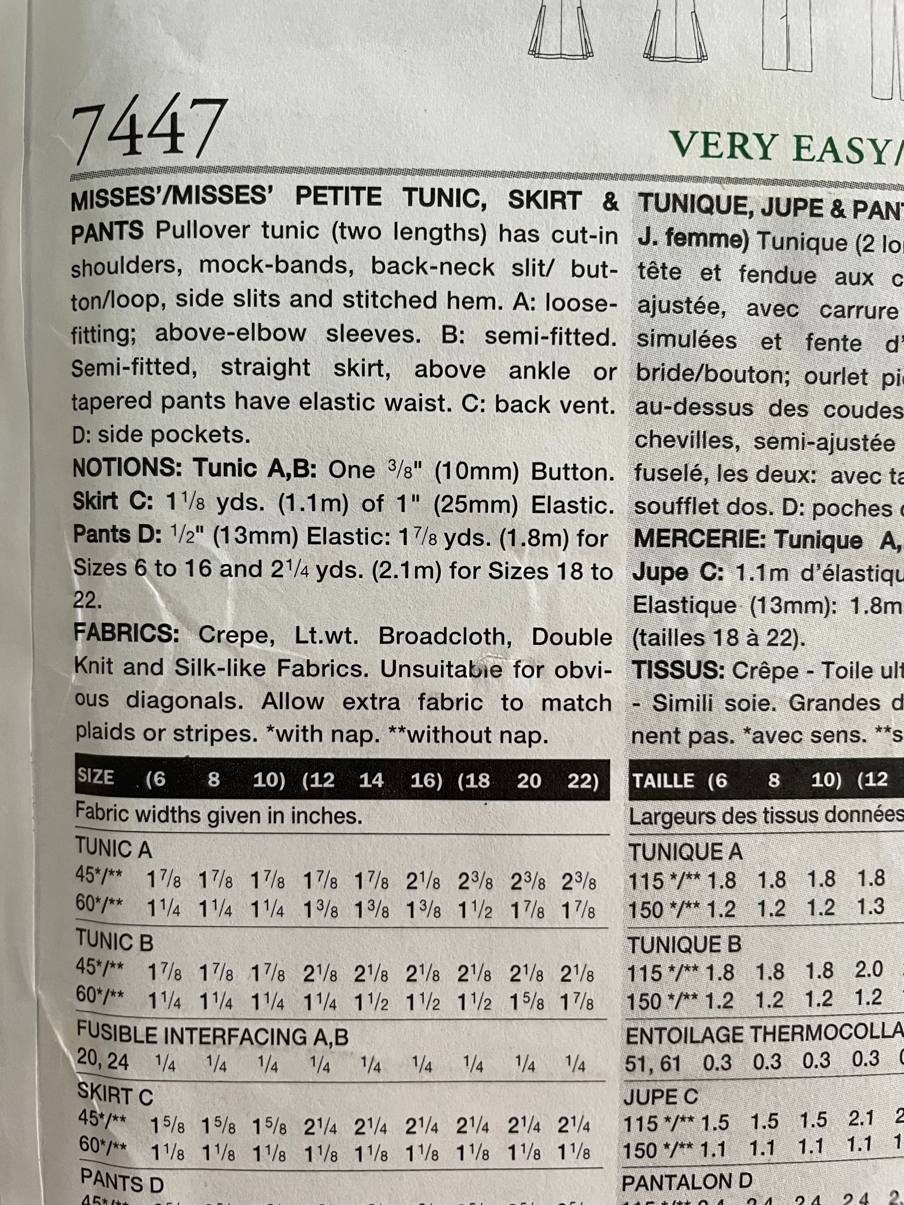 Vogue 7447 Womens Size 12-16 Petite Top Tunic Trousers FF