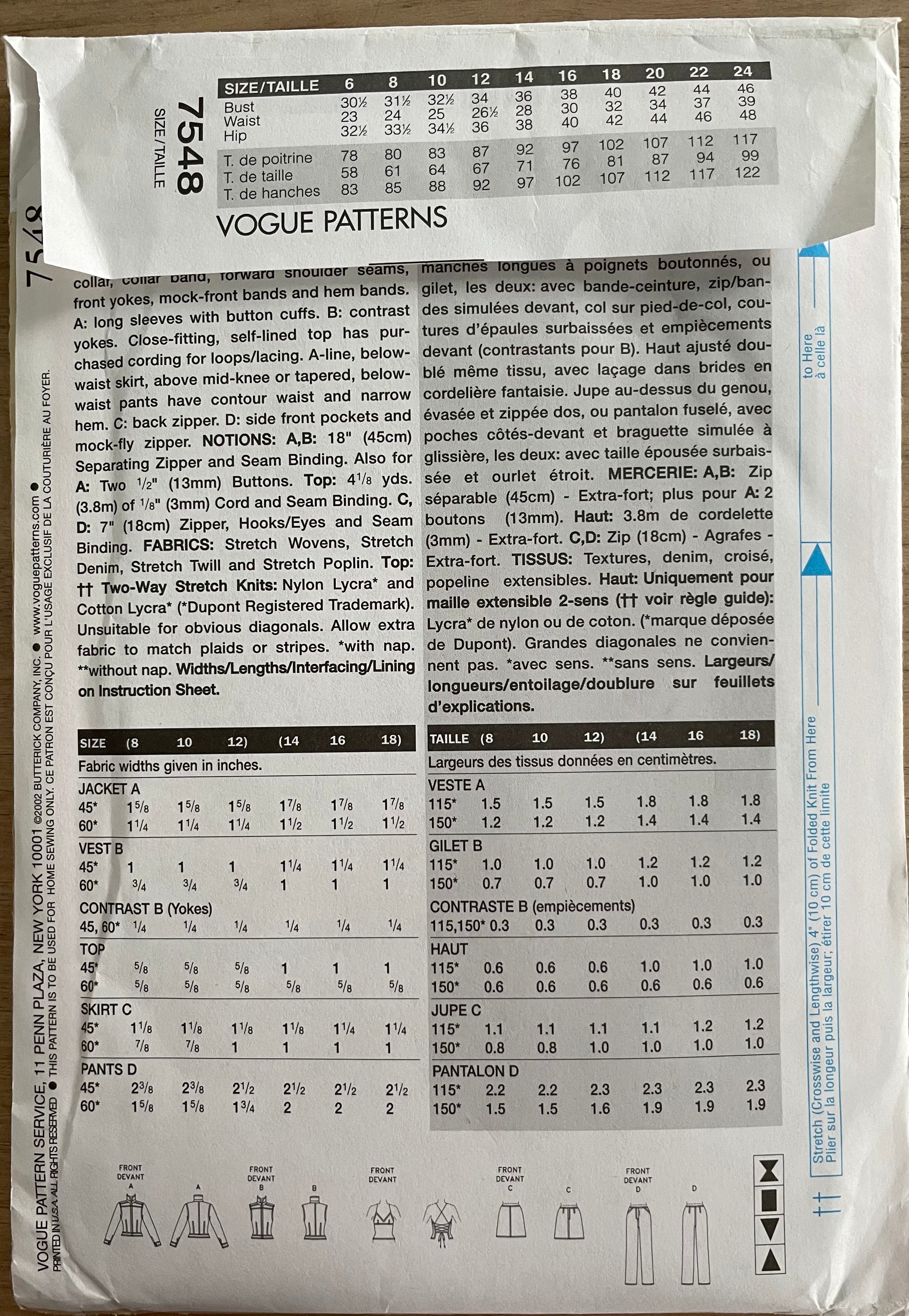 Vogue 7548 Womens Size 14-18 Jacket Waistcoat Top Trousers FF