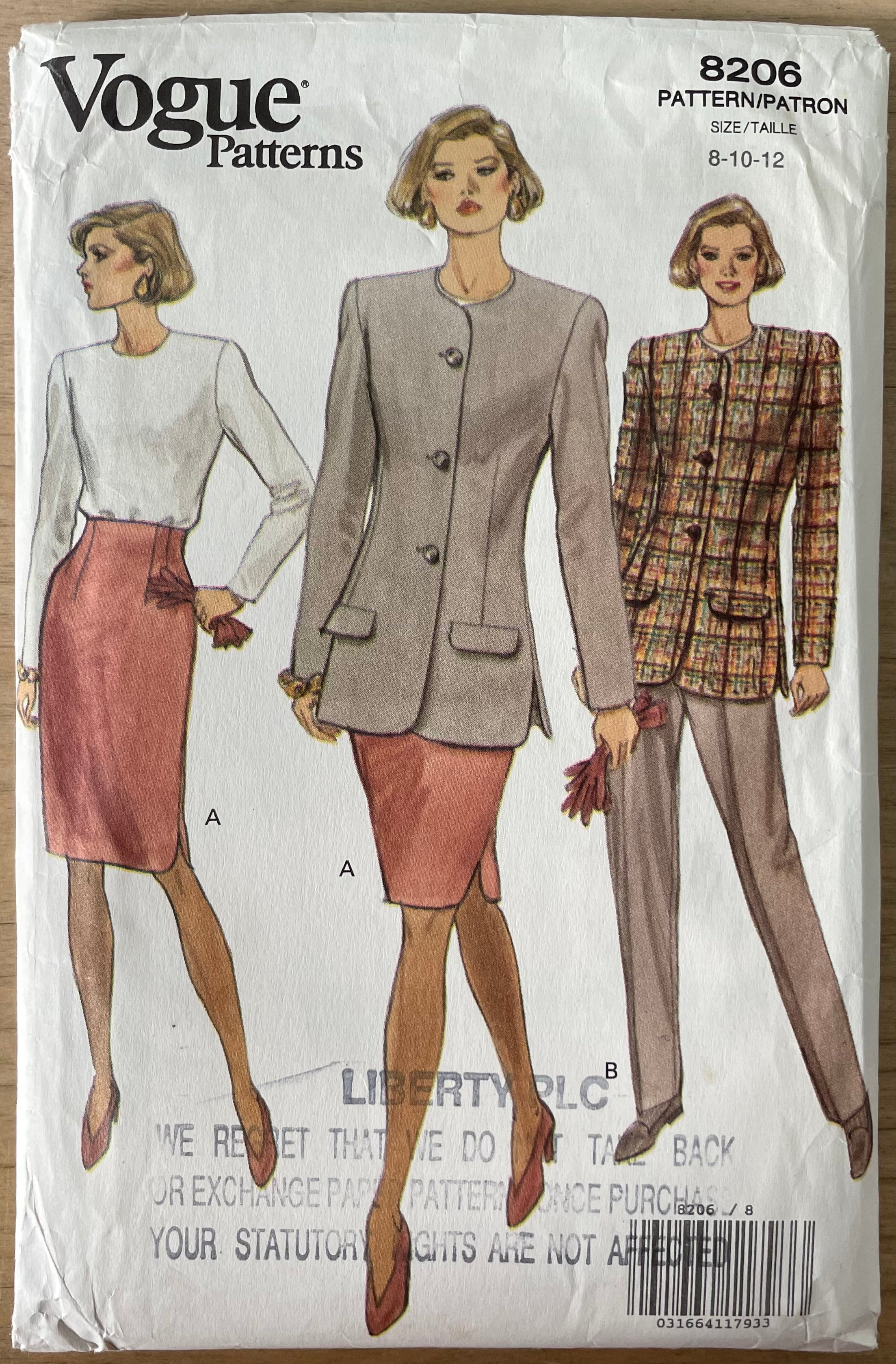 Vogue 8206 Womens Size 8-12 Top Jacket Skirt Trousers FF