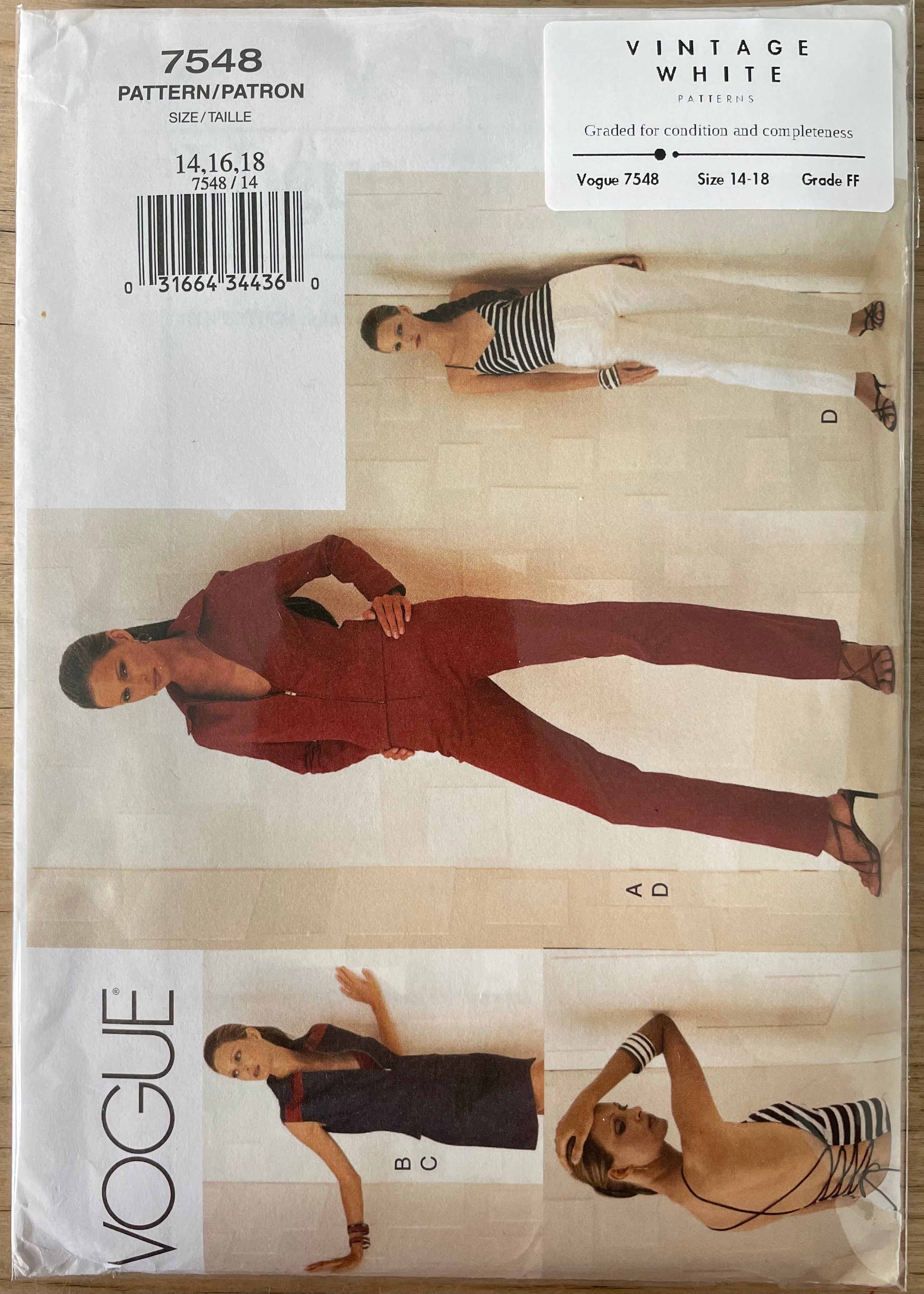 Vogue 7548 Womens Size 14-18 Jacket Waistcoat Top Trousers FF