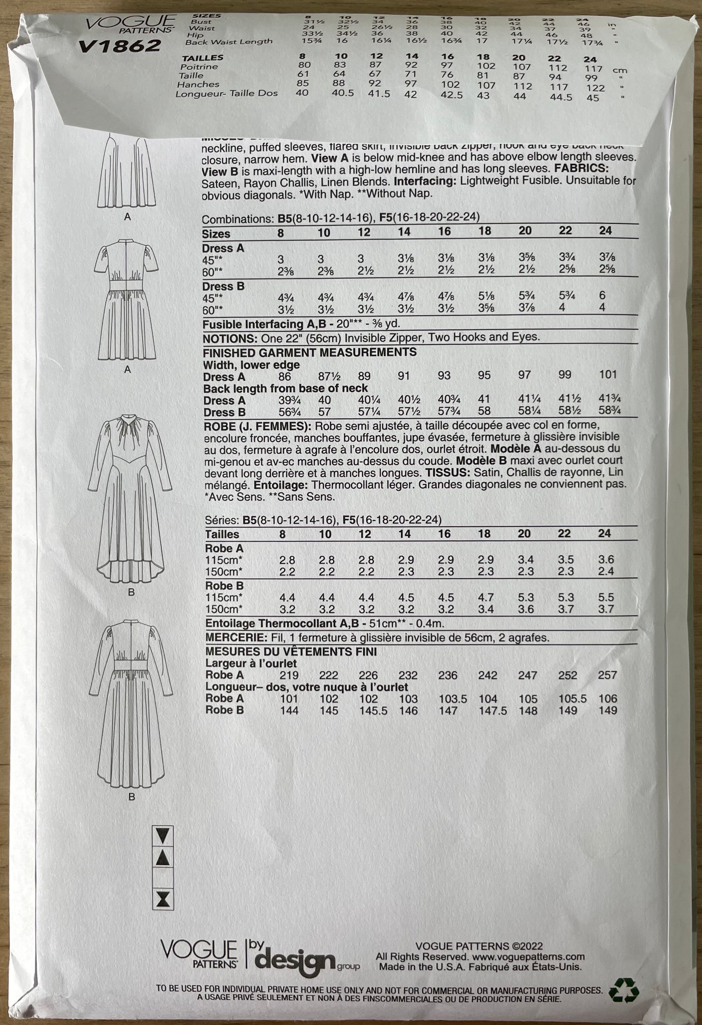 Vogue V1862 Womens Size 8-24 Dress FF