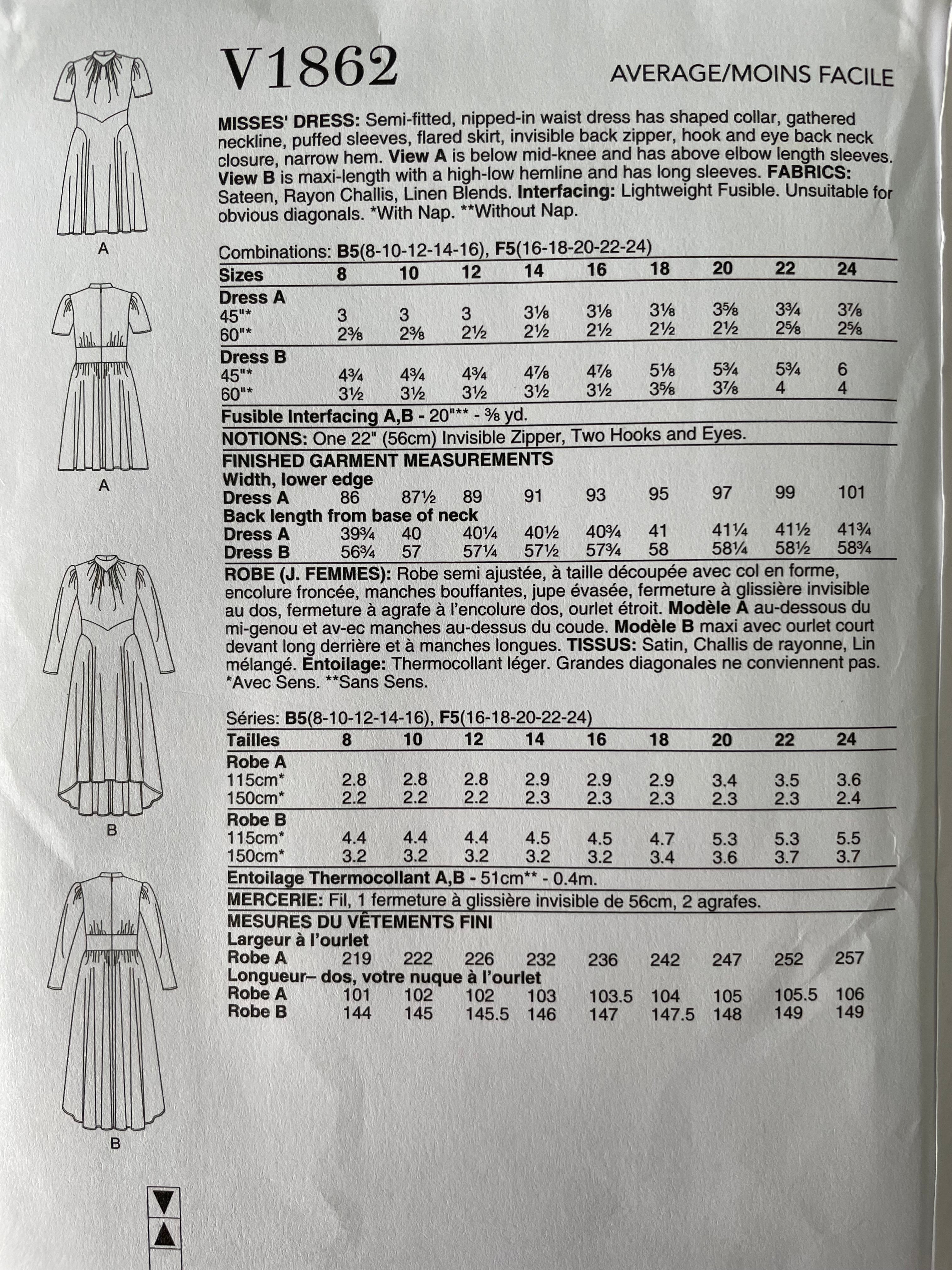 Vogue V1862 Womens Size 8-24 Dress FF