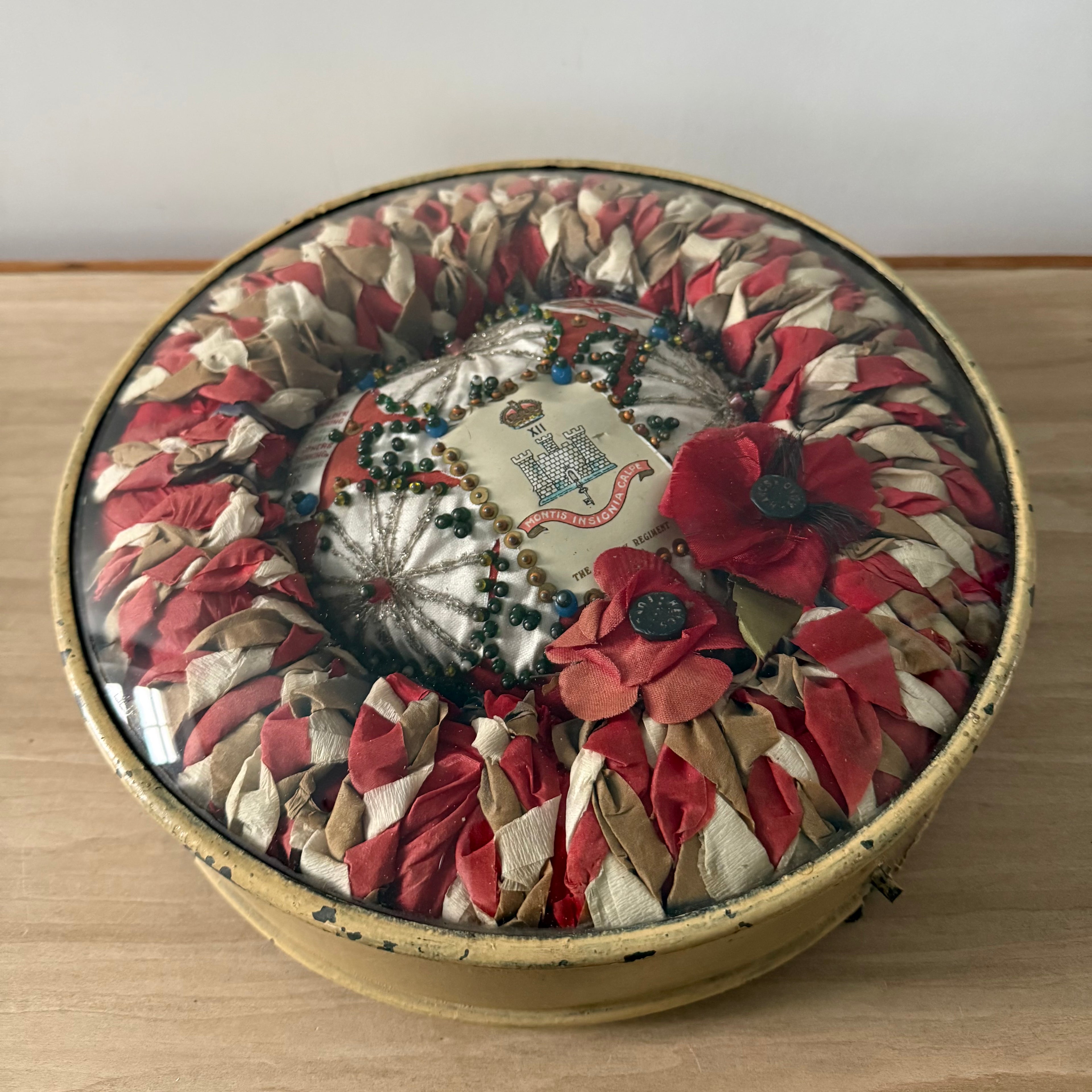 WWI Suffolk Regiment Sweetheart Wreath & Pin Cushion in 1937 Frame