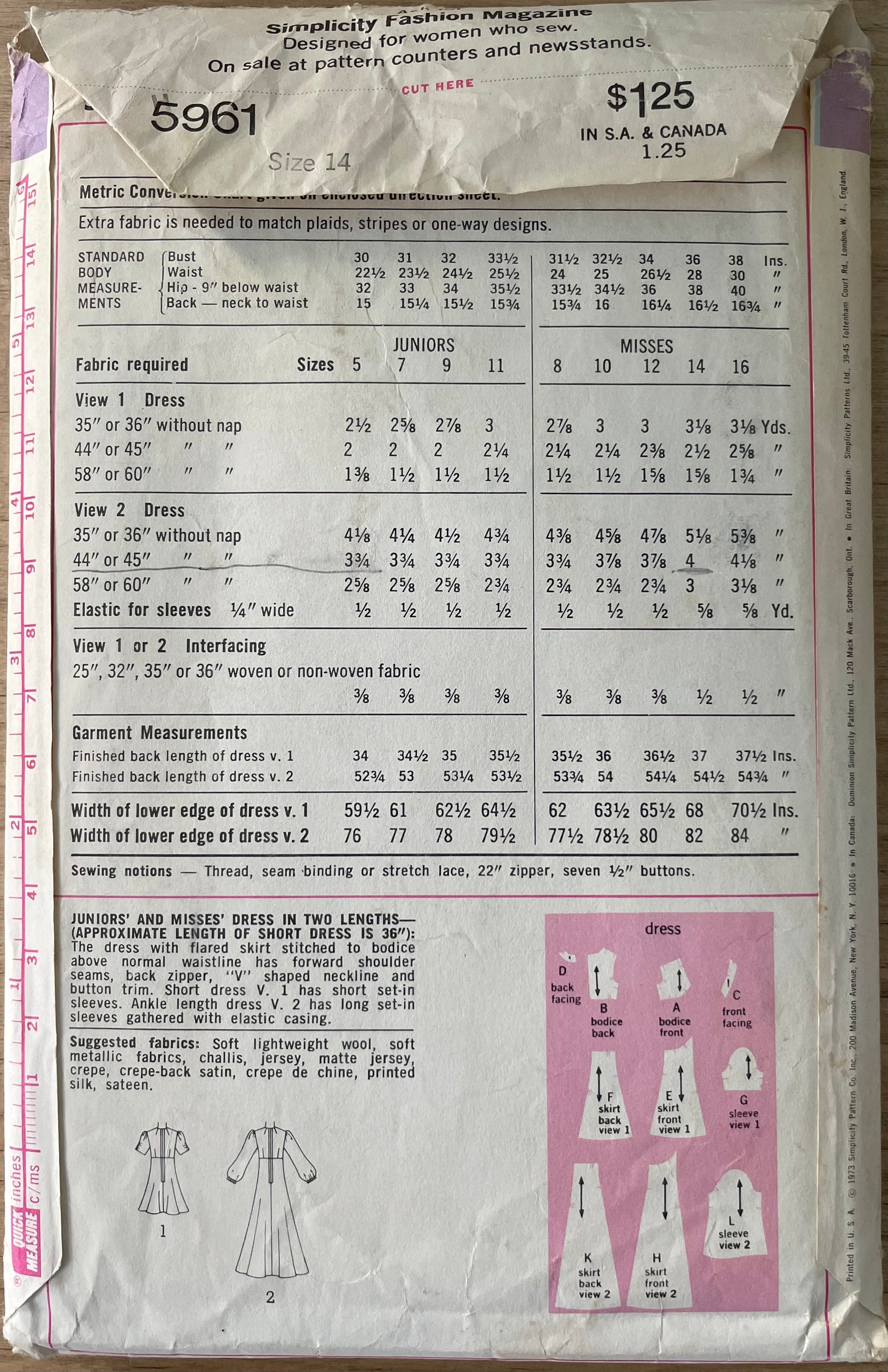 Simplicity 5961 Womens Size 14 Dress