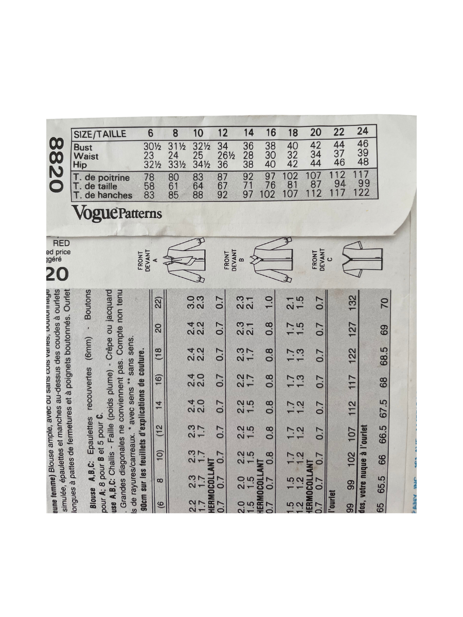 Vogue 8820 Womens Size 6-10 Top Shirt Blouse