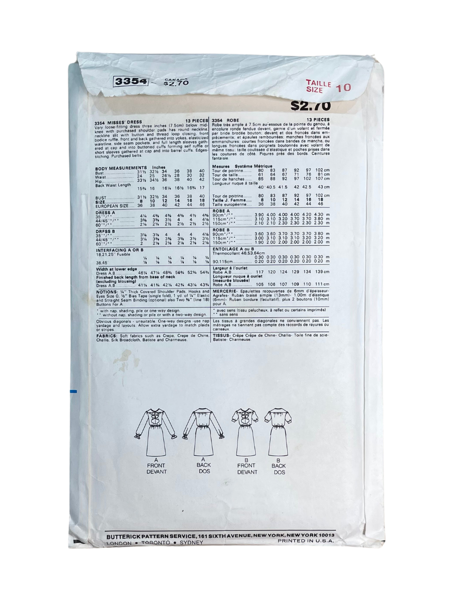 Butterick 3354 Womens Size 10 Dress *