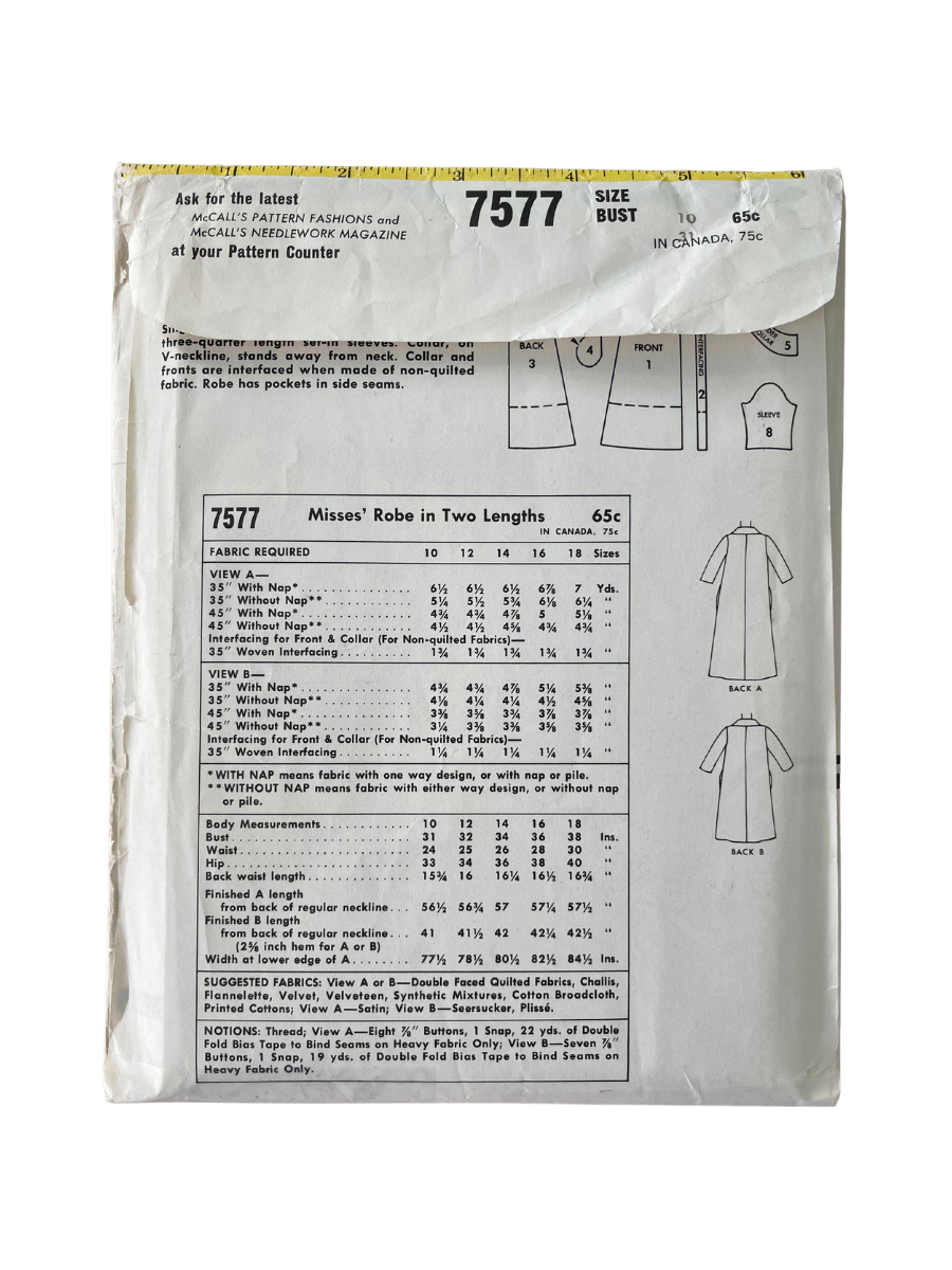 McCalls 7577 Womens Size 10 Dressing Gown Robe