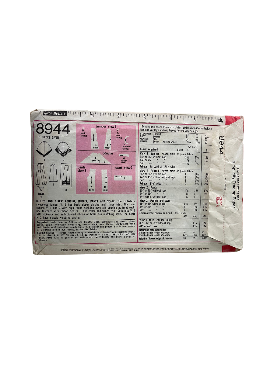 Simplicity 8944 Child Size 4 Poncho Dress Trousers *