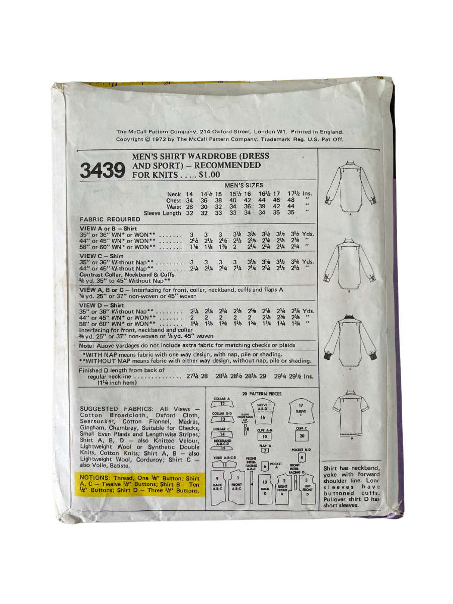 McCalls 3439 Mens Size 15.5" Shirt