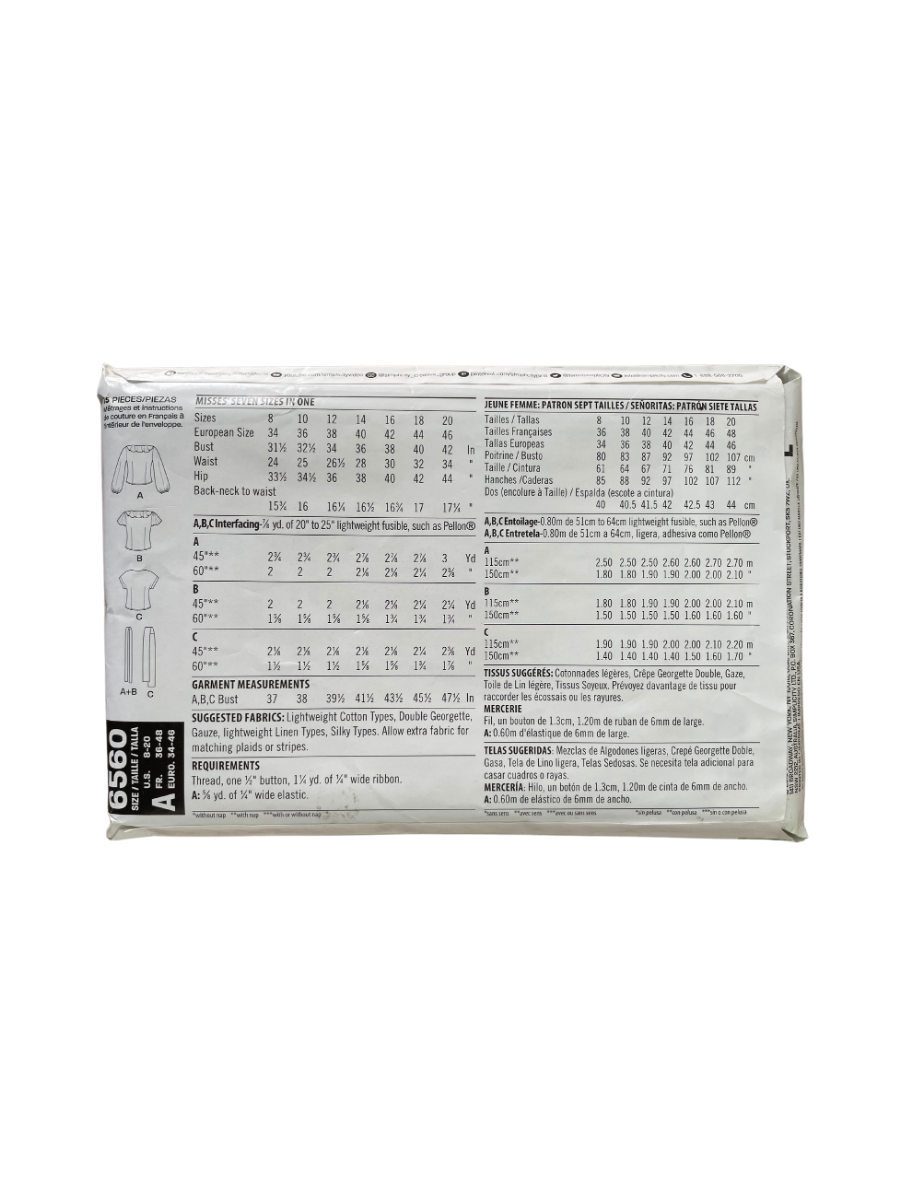 New Look 6560 Womens Size 6-18 Top Blouse FF