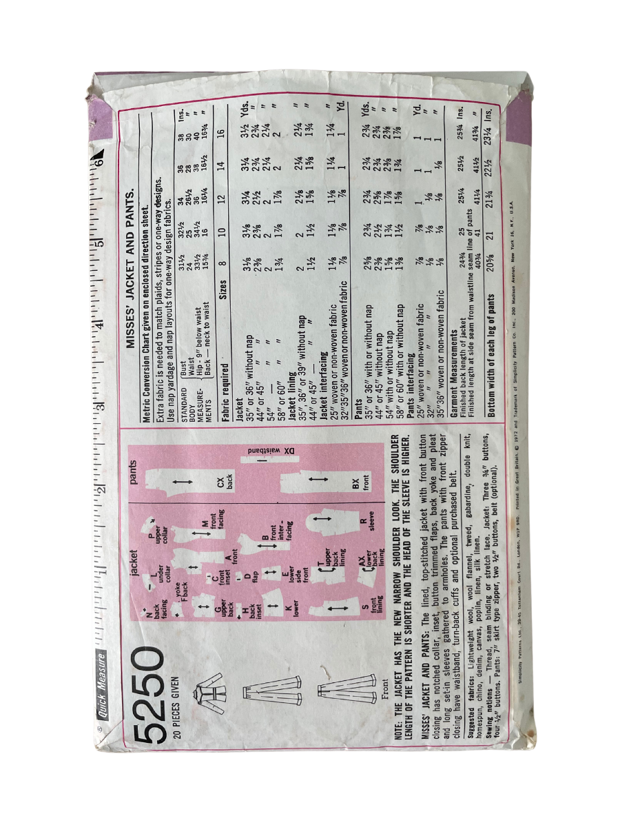 Simplicity 5250 Womens Size 14 Jacket Trousers