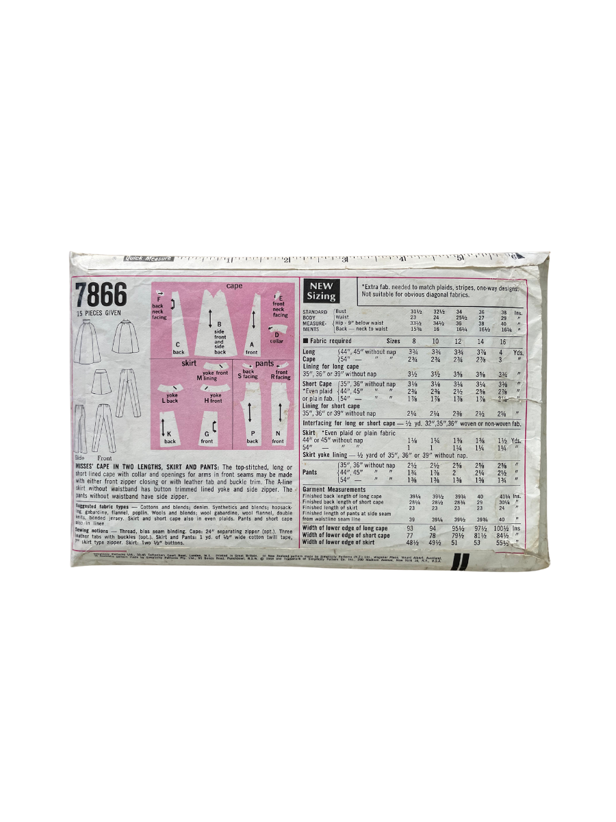 Simplicity 7866 Womens Size 10 Cape Trousers Skirt