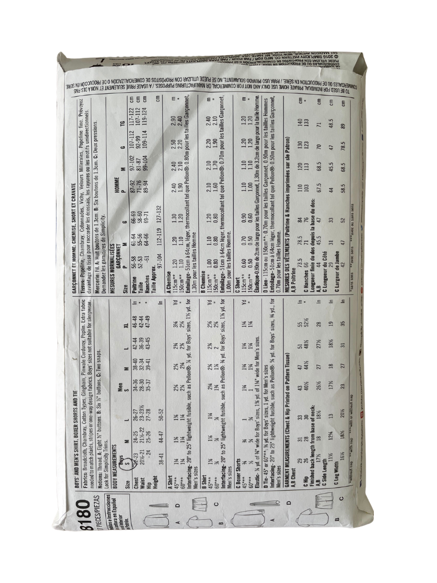 Simplicity 8180 Men & Boys Size S-XL Shirt Boxer Shorts Tie