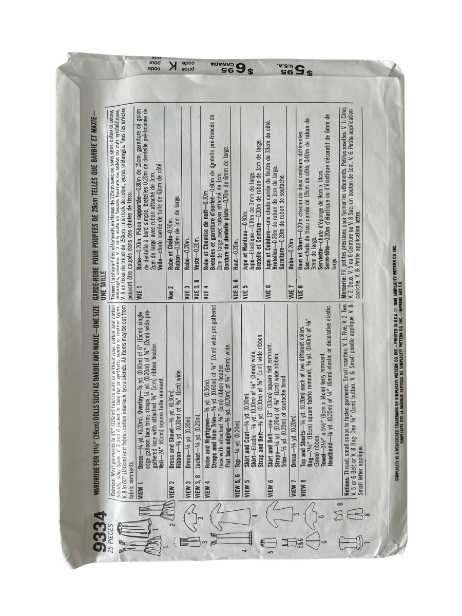 Simplicity 9334 Doll Size 11&