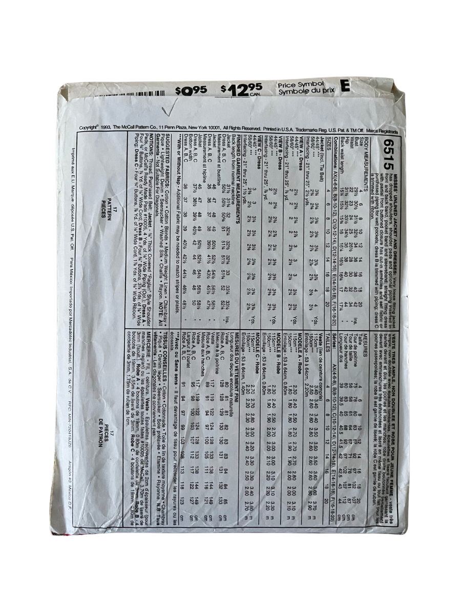 McCalls 6515 Womens Size 8-12 Dress Jacket FF