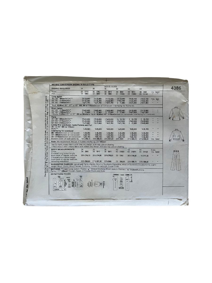 McCalls 4386 Mens Chest 42"/Waist 36" Jacket Trousers FF