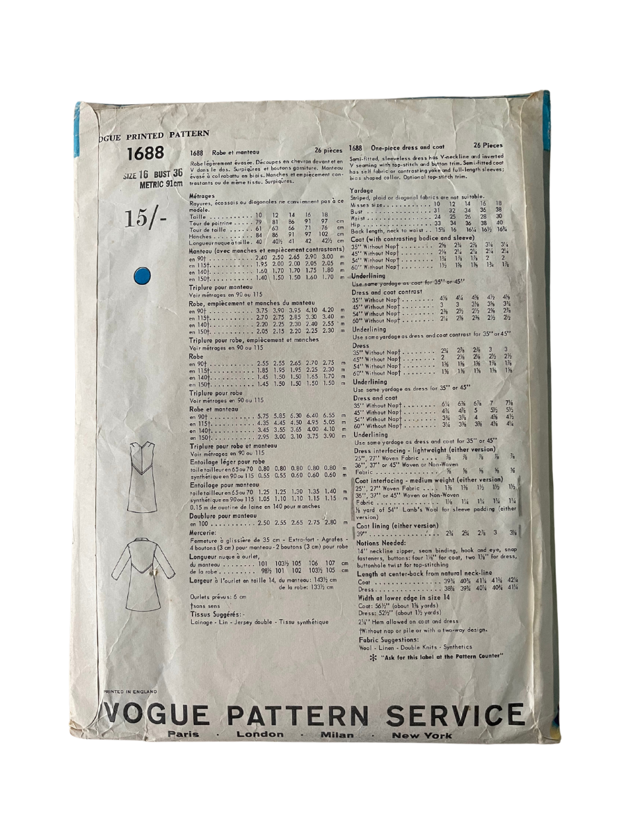 Vogue 1688 Womens Size 12 Dress Coat