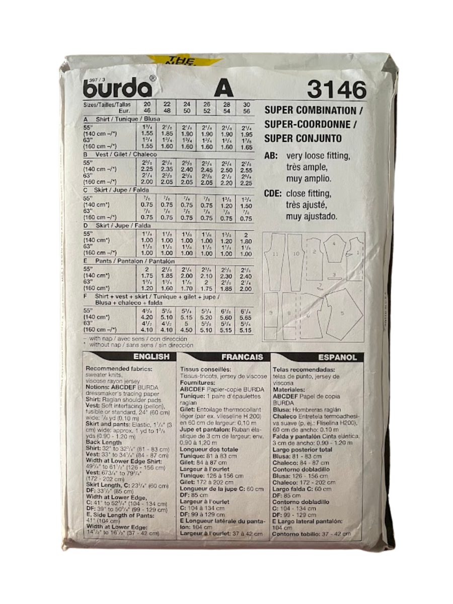 Burda 3146 Womens Size 20-30 Shirt Top Skirt Trousers FF