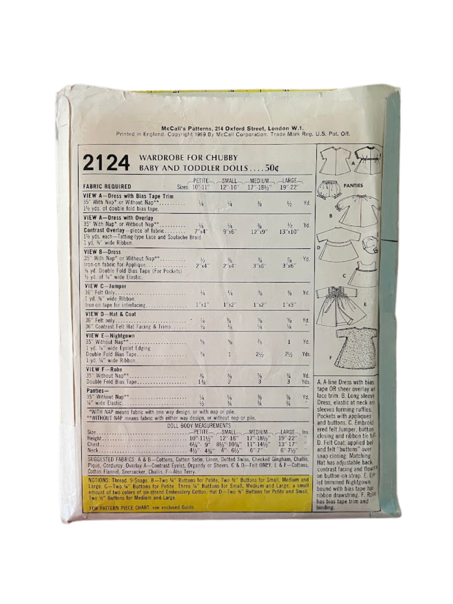 McCalls 2124 Dolls Wardrobe Size 17-18.5"