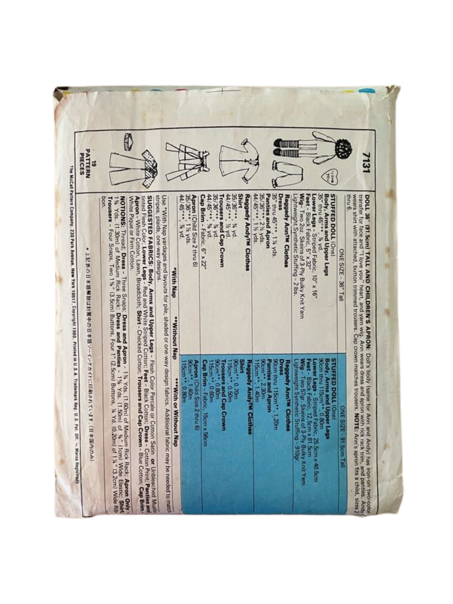 McCalls 7131 Rag Dolls Size 36"