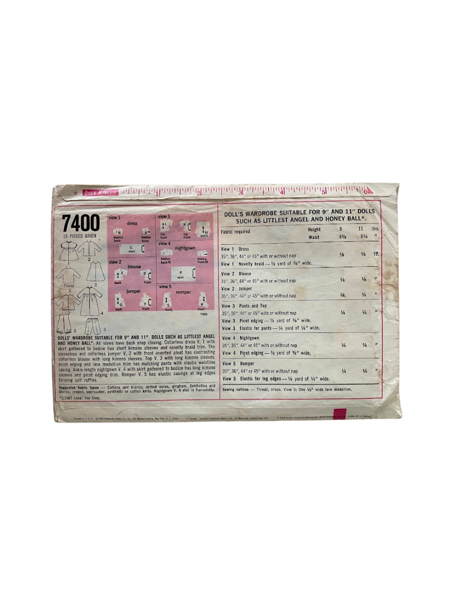 Simplicity 7400 Dolls Wardrobe Size 9"