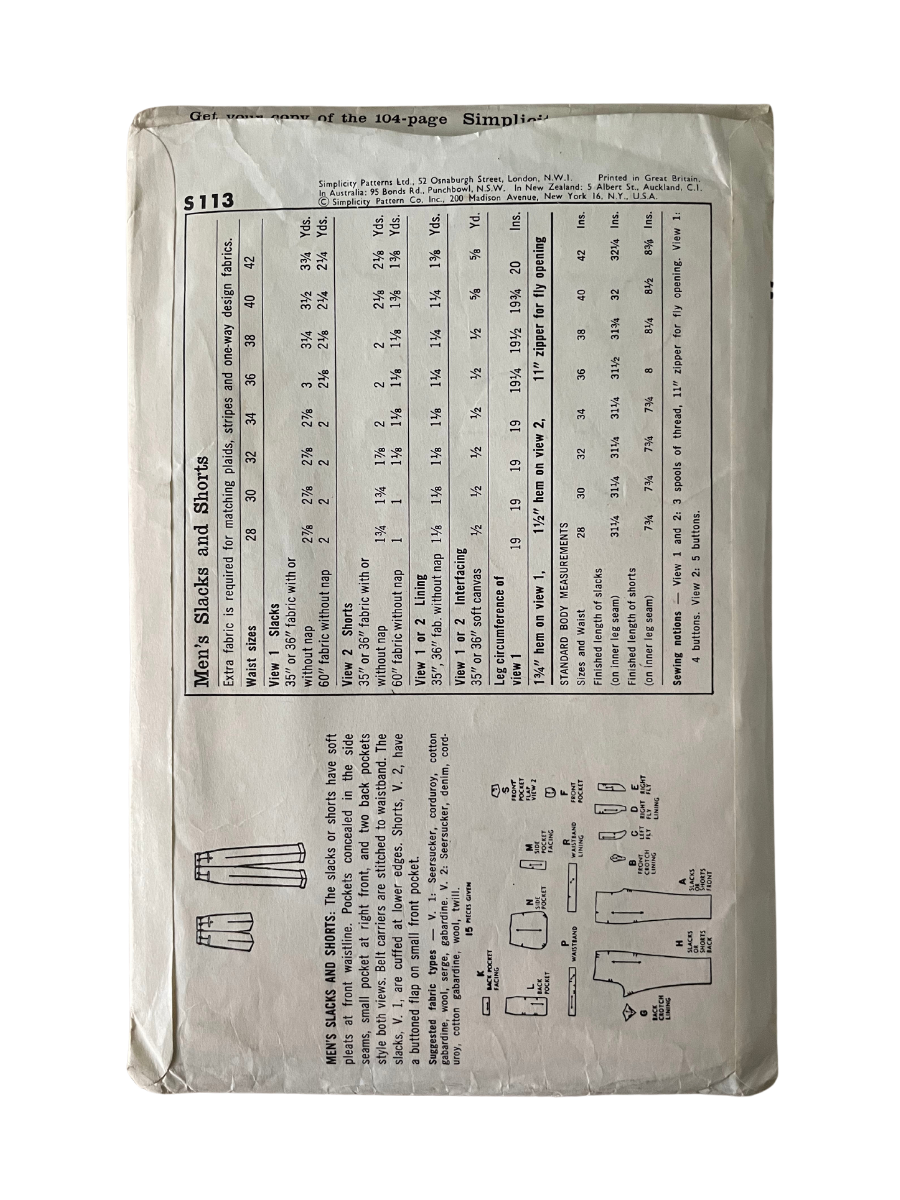 Simplicity S.113 Mens Size 36" Trousers Shorts