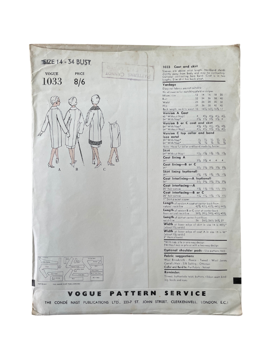 Vogue 1033 Womens Size 10 UK Coat Skirt FF