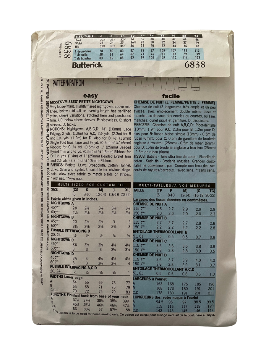 Butterick 6838 Womens Size L-XL UK Petite Nightdress Nightgown FF