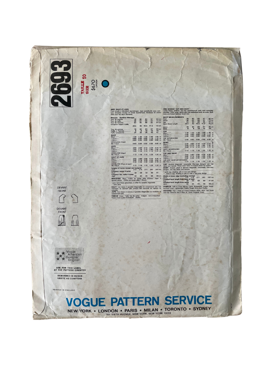 Vogue Designer 2693 Womens Size 6 Top Skirt FF