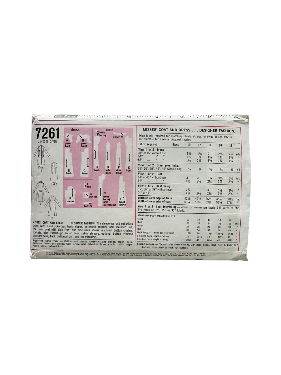 Simplicity 7261 Womens Size 12 Dress Coat