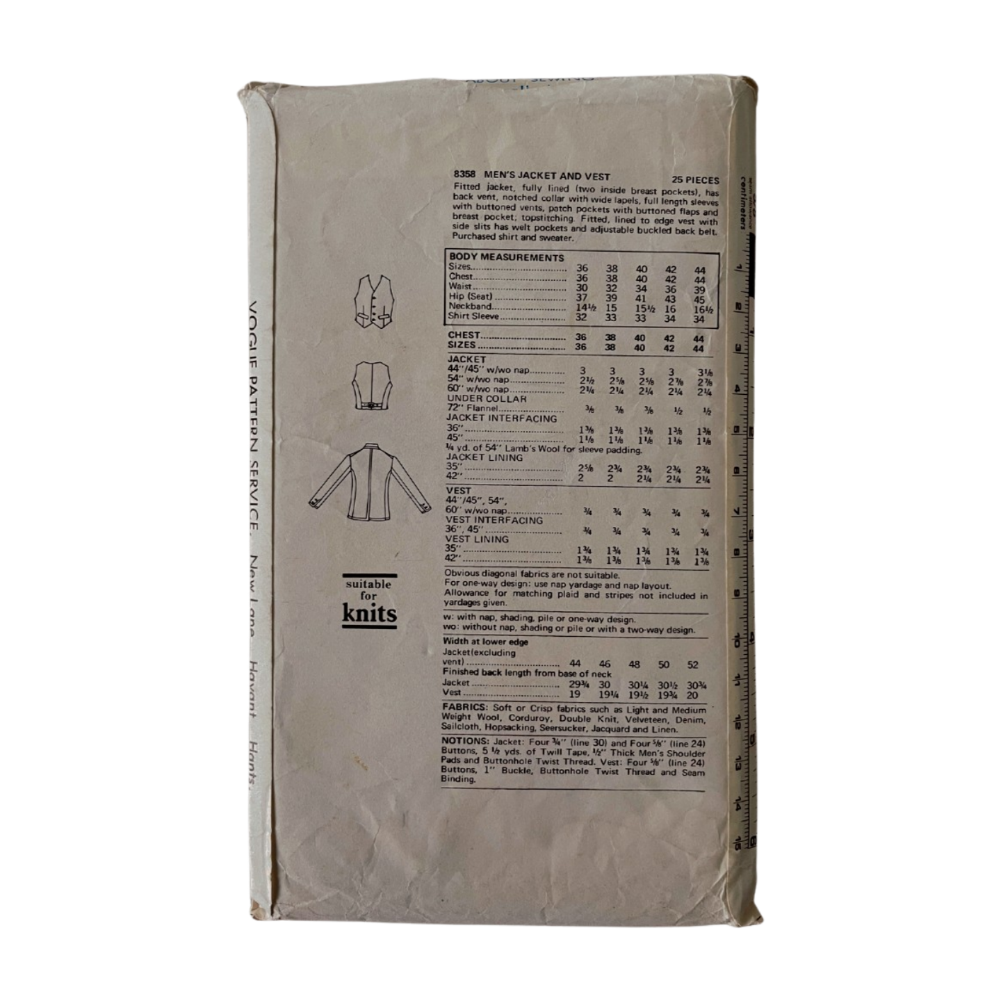 Vogue 8358 Mens Chest 42” Jacket Waistcoat