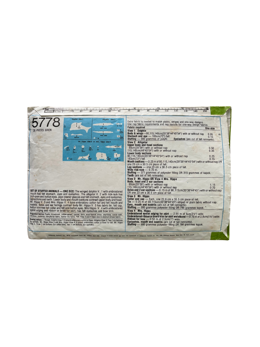 Simplicity 5778 Soft Toy Animals