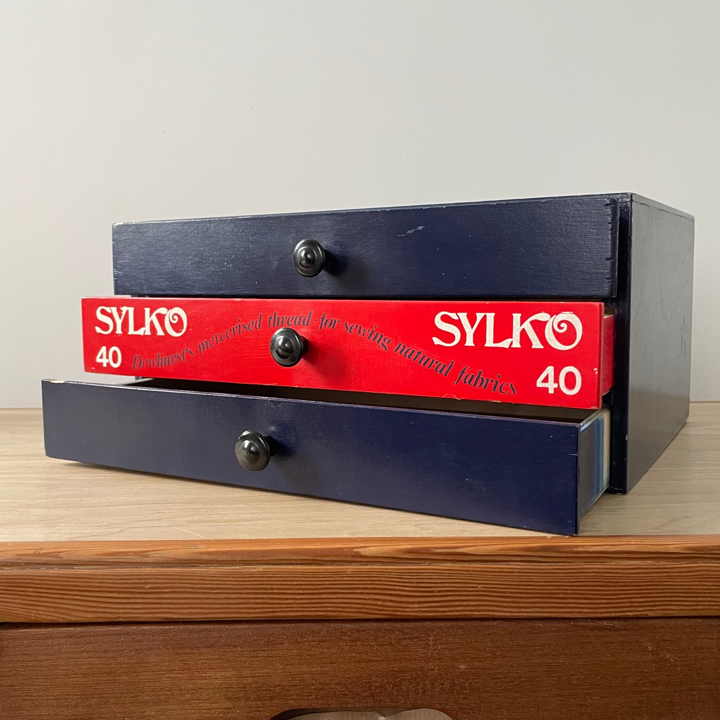 Vintage Sylko Navy and Red Haberdashery Cotton Reel Drawers