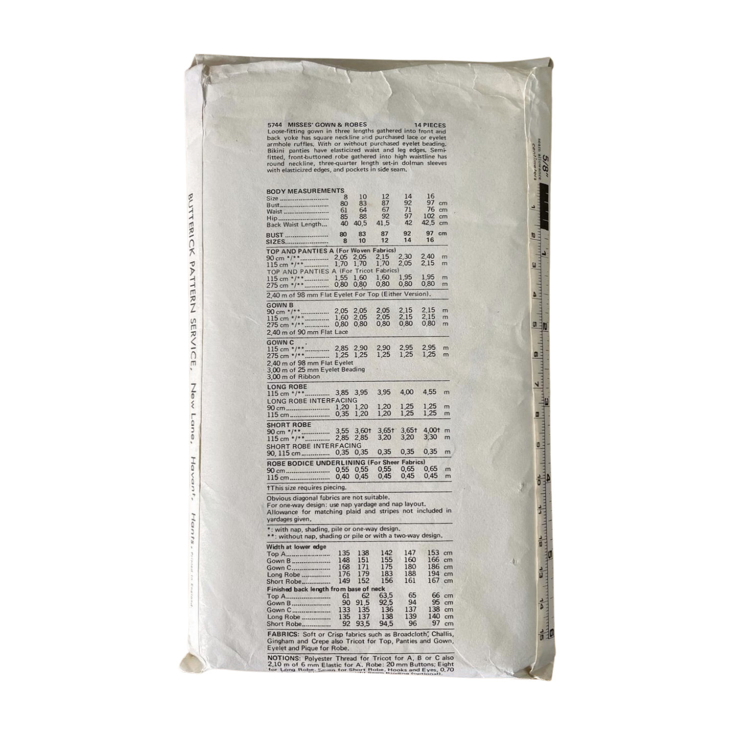 Butterick 5744 Womens Size 12 Nightdress Nightwear Dressing Gown