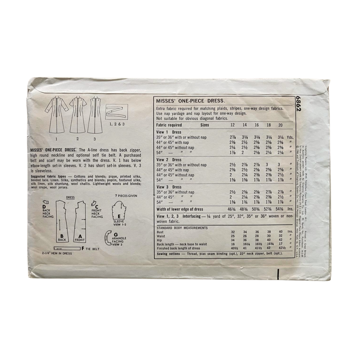 Simplicity 6862 Womens Size 12 Bust 36” Dress