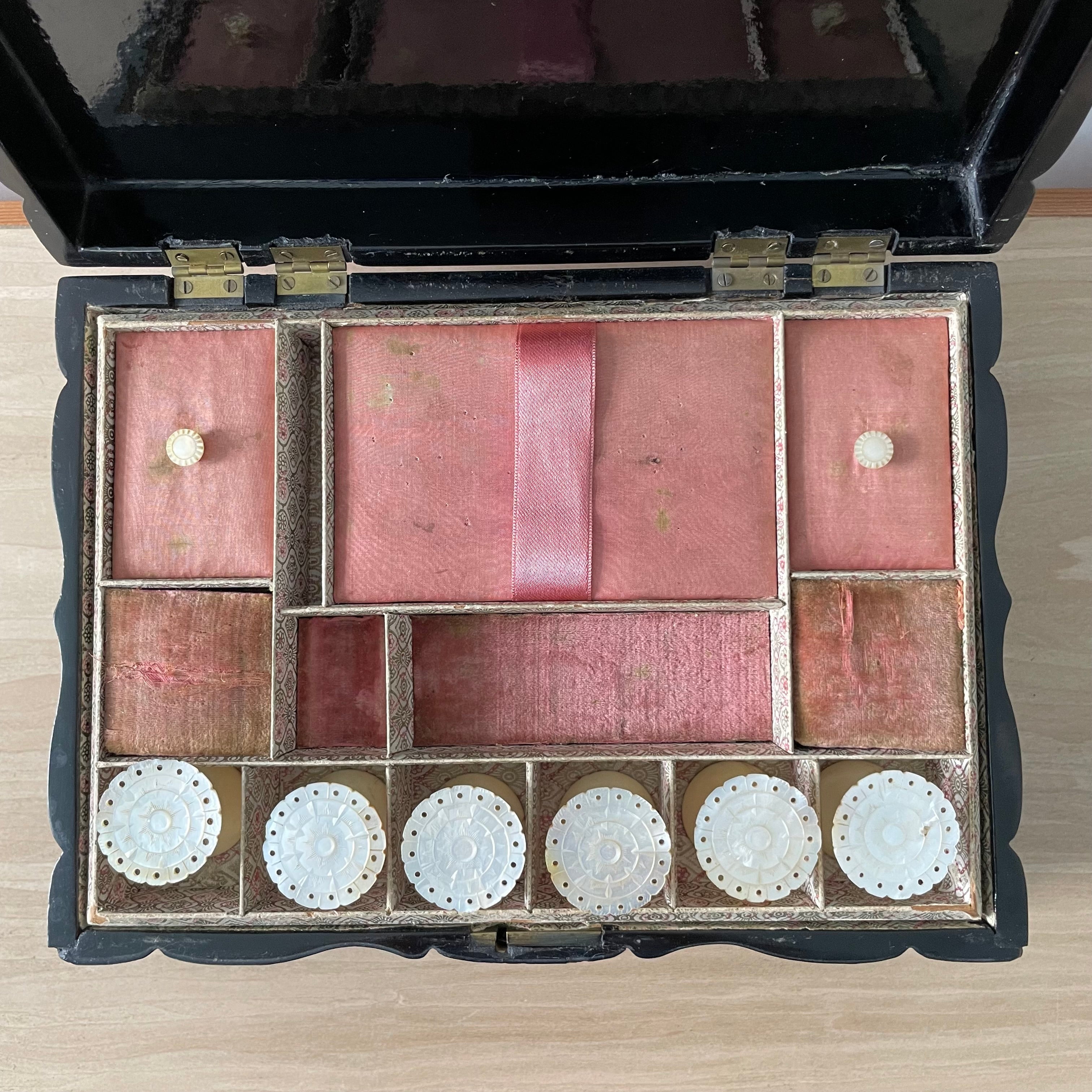 Antique Papier Mâché Sewing Box with Mother-of-Pearl Reels (c.1840)