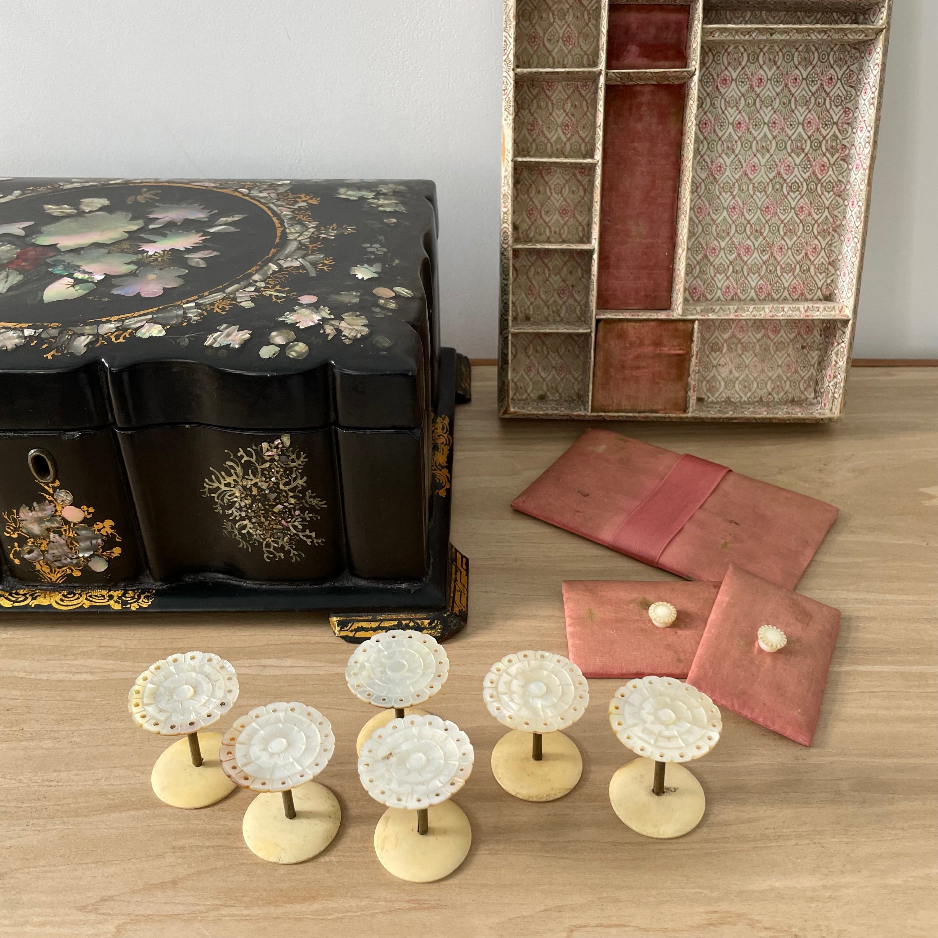 Antique Papier Mâché Sewing Box with Mother-of-Pearl Reels (c.1840)